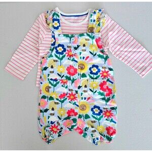 NWOT Baby Boden Stripe Tee & Overalls Set-Flower & Bee, Size 0/3